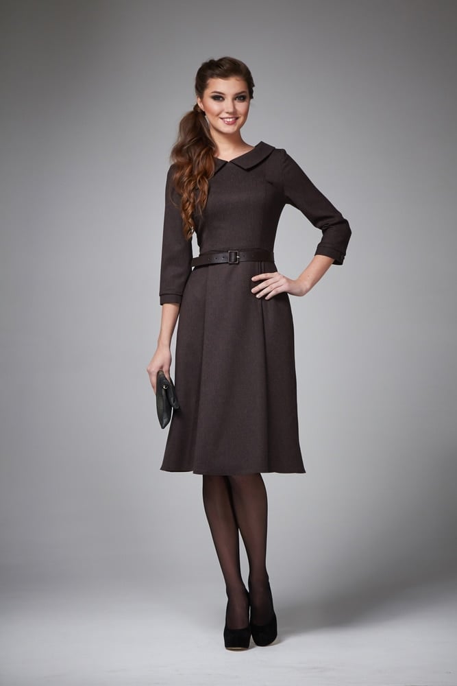 Dark Brown Textured Wool Blend Dress Dark Brown Textured Wool Blend Dress — Funeral Dresses 2027