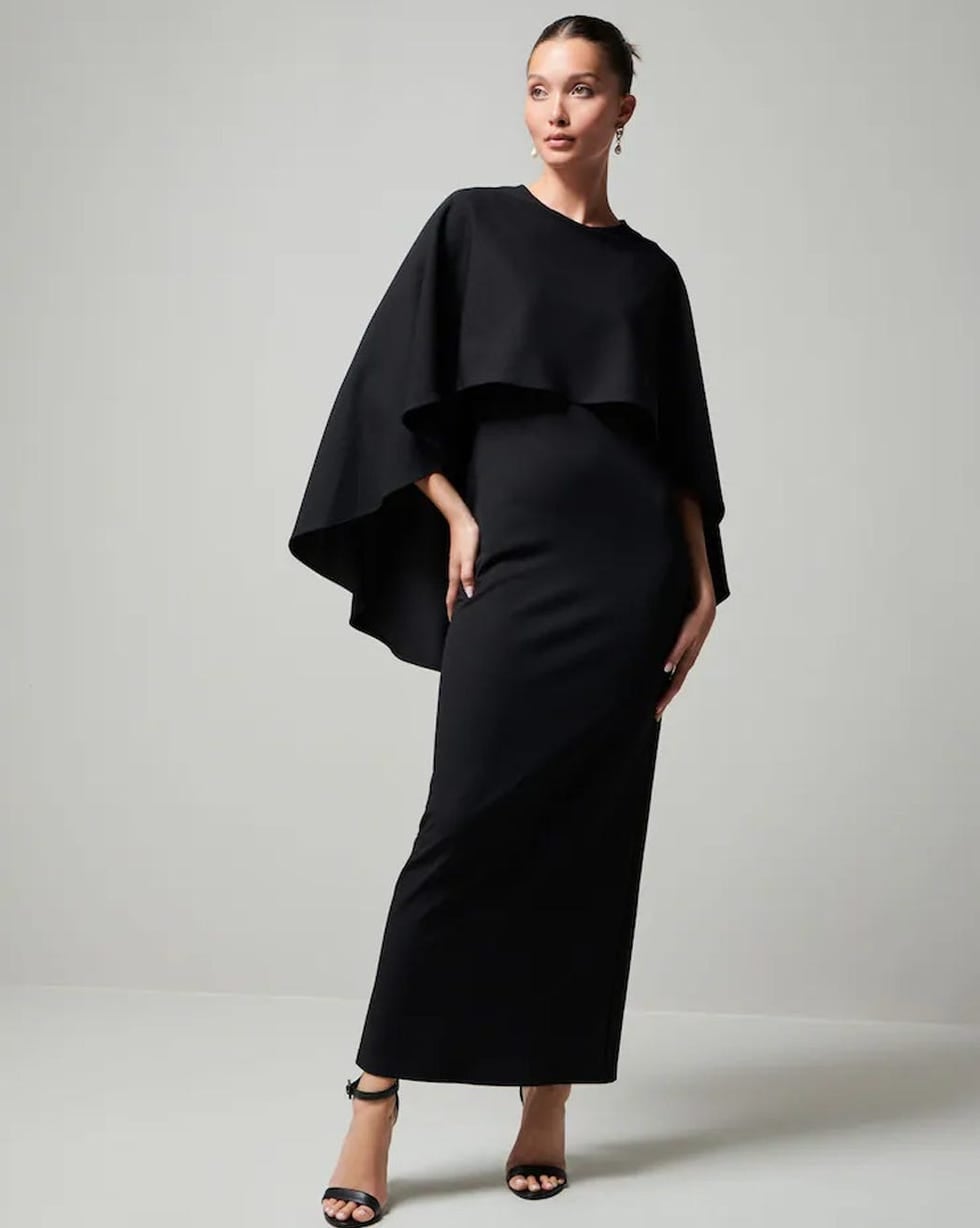 Black Crepe Maxi Dress with Cape Overlay Black Crepe Maxi Dress with Cape Overlay — Funeral Dresses 2027