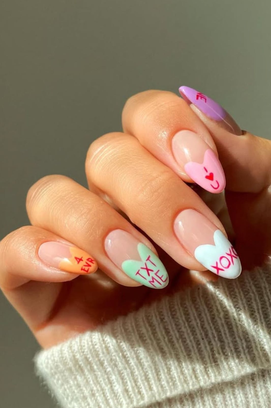 Medium Almond French Tips with Conversation Hearts Medium Almond French Tips with Conversation Hearts — Galentines Nails 2027