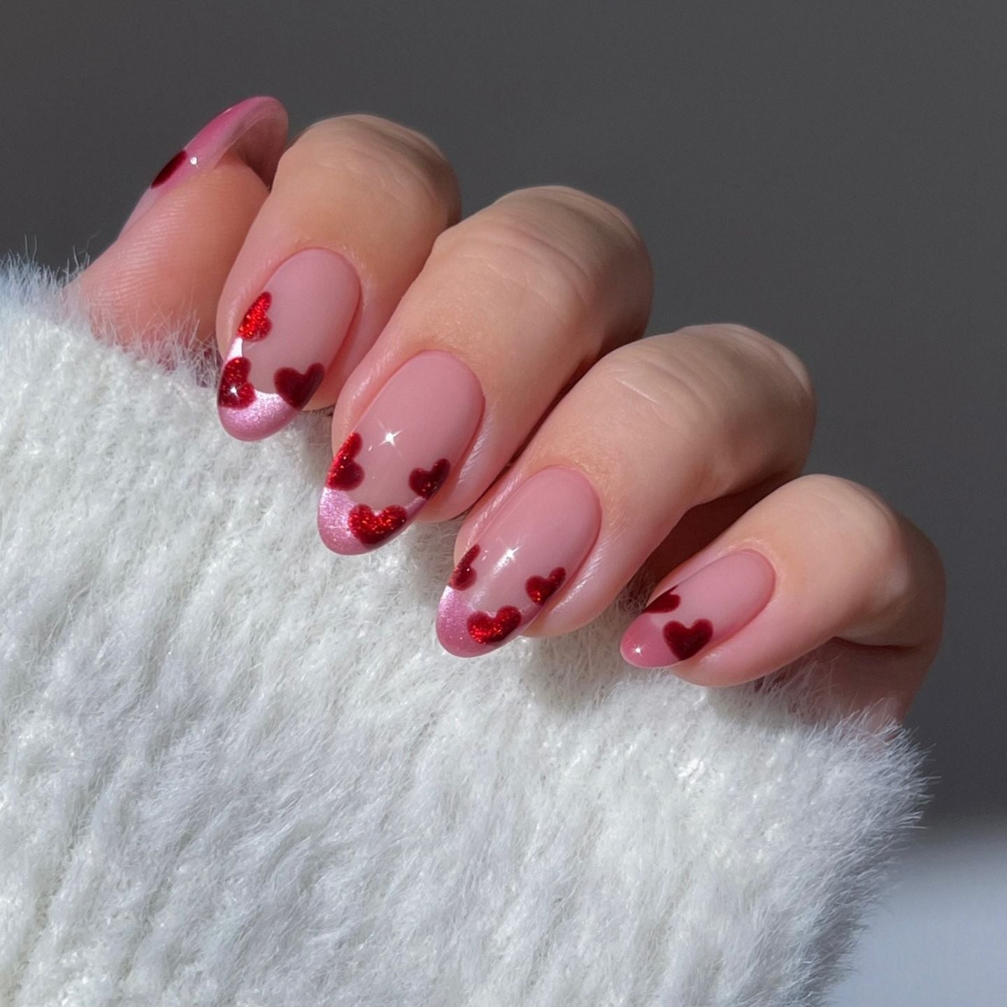 Medium Almond Glitter Heart French Tips Medium Almond Glitter Heart French Tips — Galentines Nails 2027