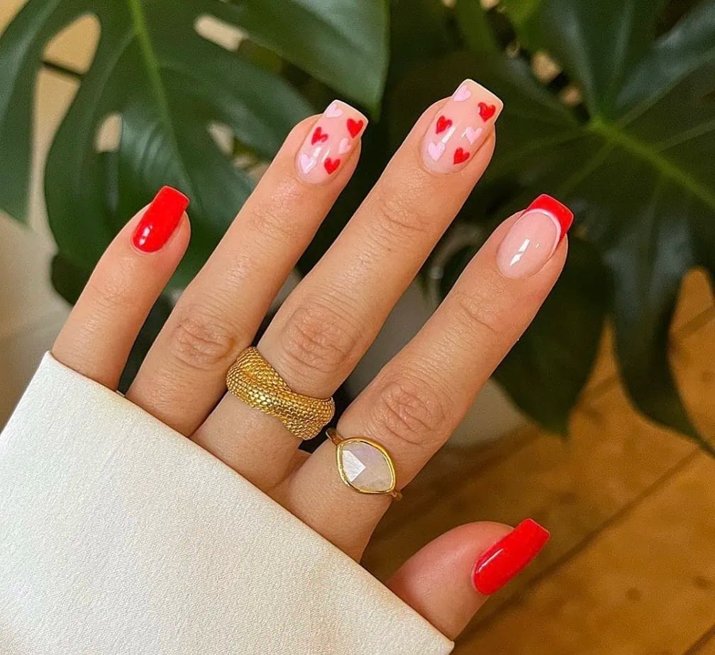 Medium Square Pink Base with Red Hearts and French Tips Medium Square Pink Base with Red Hearts and French Tips — Galentines Nails 2027