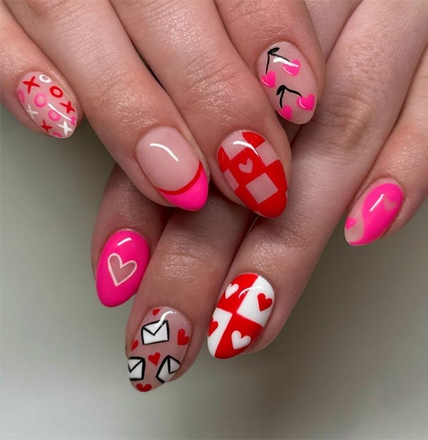 Medium Almond Nails with Playful Galentine's Motifs Medium Almond Nails with Playful Galentine's Motifs — Galentines Nails 2027