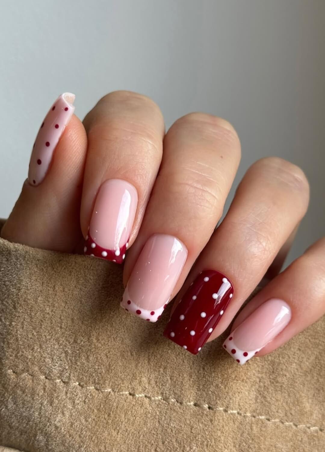 Medium Square Burgundy Polka Dots and French Tips Medium Square Burgundy Polka Dots and French Tips — Galentines Nails 2027