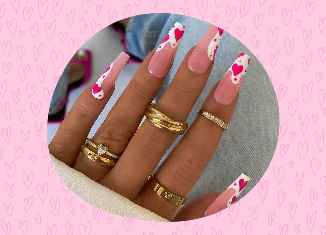 Long Coffin French Tips with Hot Pink Heart Cut-Outs Long Coffin French Tips with Hot Pink Heart Cut-Outs — Galentines Nails 2027