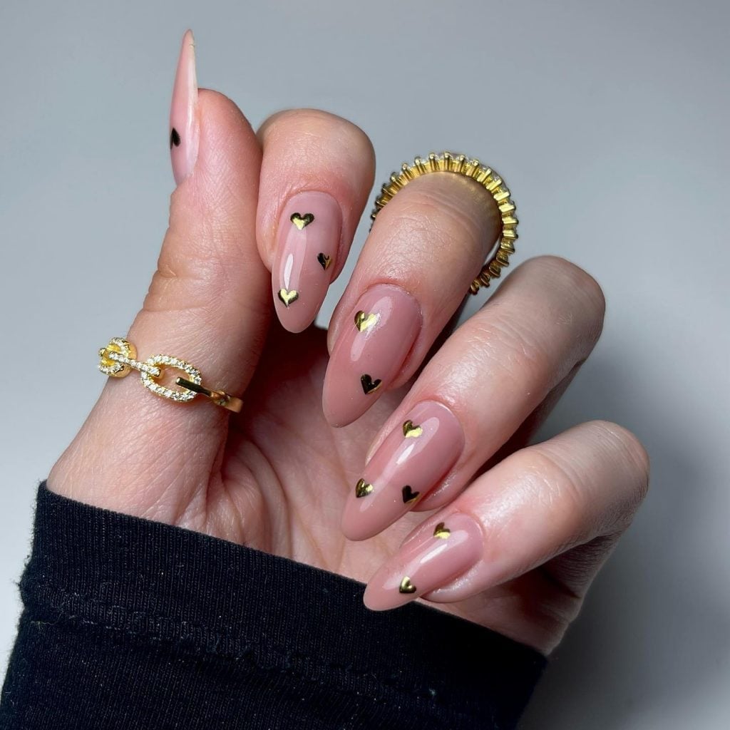 Very Long Stiletto Nude Nails with Gold Hearts Very Long Stiletto Nude Nails with Gold Hearts — Galentines Nails 2027
