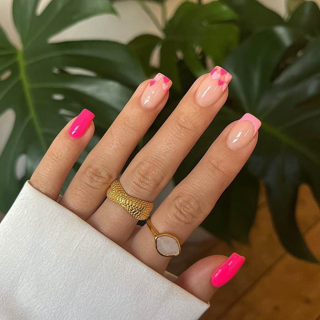 Medium Square Pink French Tips with Pink Hearts, Close-Up Take Medium Square Pink French Tips with Pink Hearts, Close-Up Take — Galentines Nails 2027