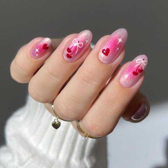 Medium Almond Pink Gradient with Red Accents Medium Almond Pink Gradient with Red Accents — Galentines Nails 2027