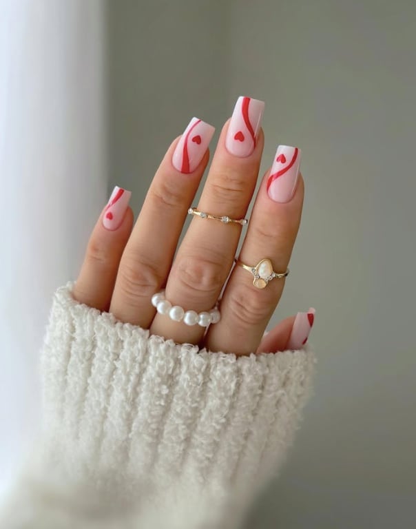 Medium Square Nails with Red Swirls and Hearts Medium Square Nails with Red Swirls and Hearts — Galentines Nails 2027