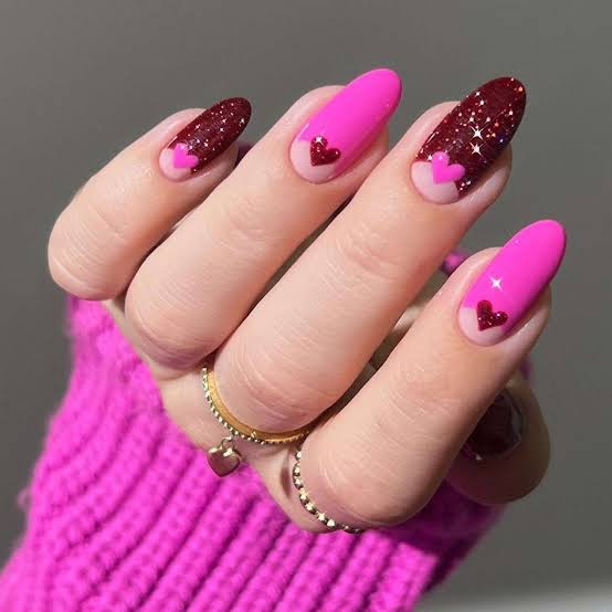 Medium Almond Hot Pink and Deep Red Glitter Nails, Glossy Medium Almond Hot Pink and Deep Red Glitter Nails, Glossy — Galentines Nails 2027