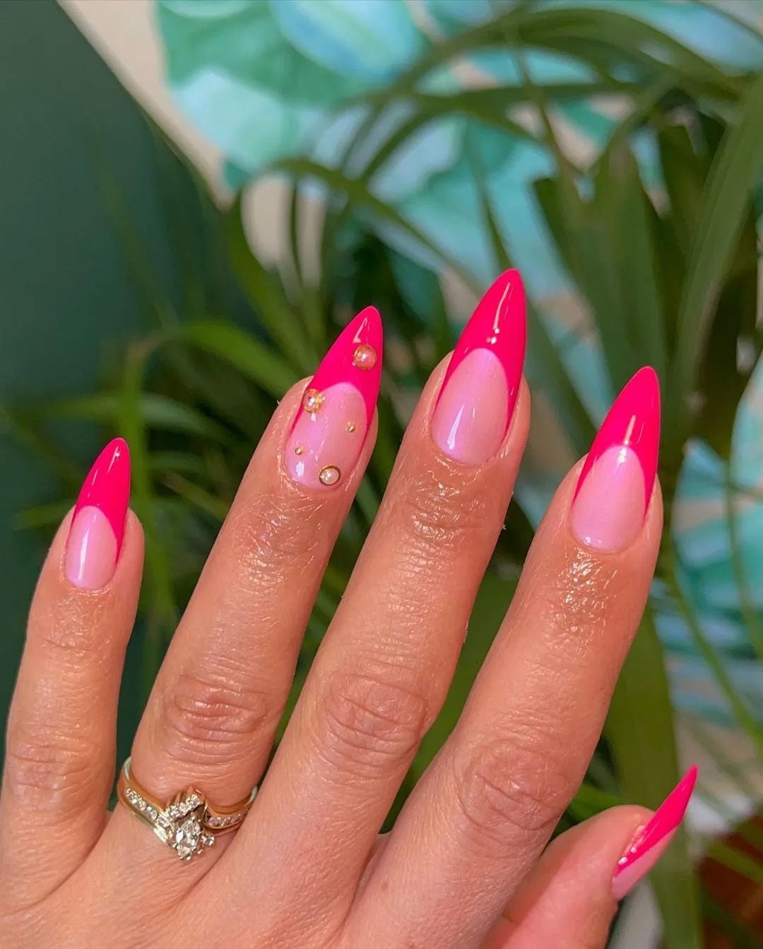 Long Stiletto Neon Pink French Tips with Pearls Long Stiletto Neon Pink French Tips with Pearls — Galentines Nails 2027