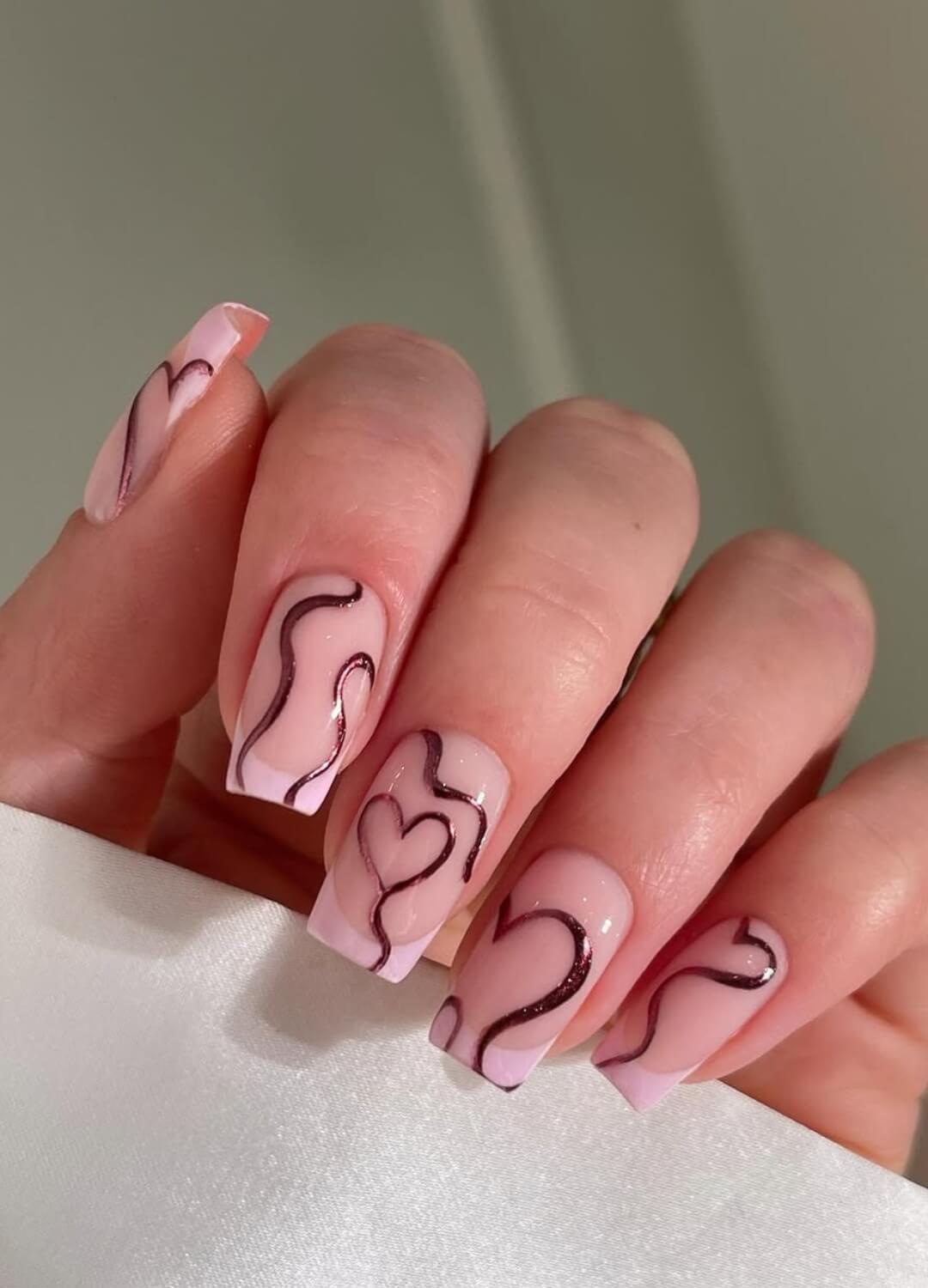 Medium Square Pink Base with Abstract Heart Lines Medium Square Pink Base with Abstract Heart Lines — Galentines Nails 2027