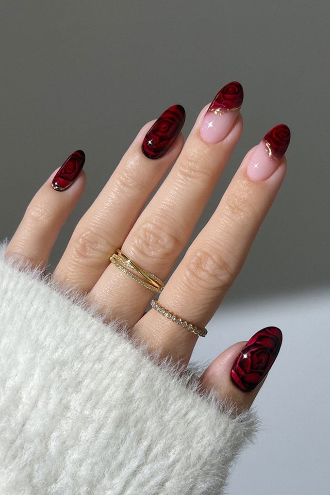 Long Stiletto Sheer Pink with Deep Red Rose Art Long Stiletto Sheer Pink with Deep Red Rose Art — Galentines Nails 2027