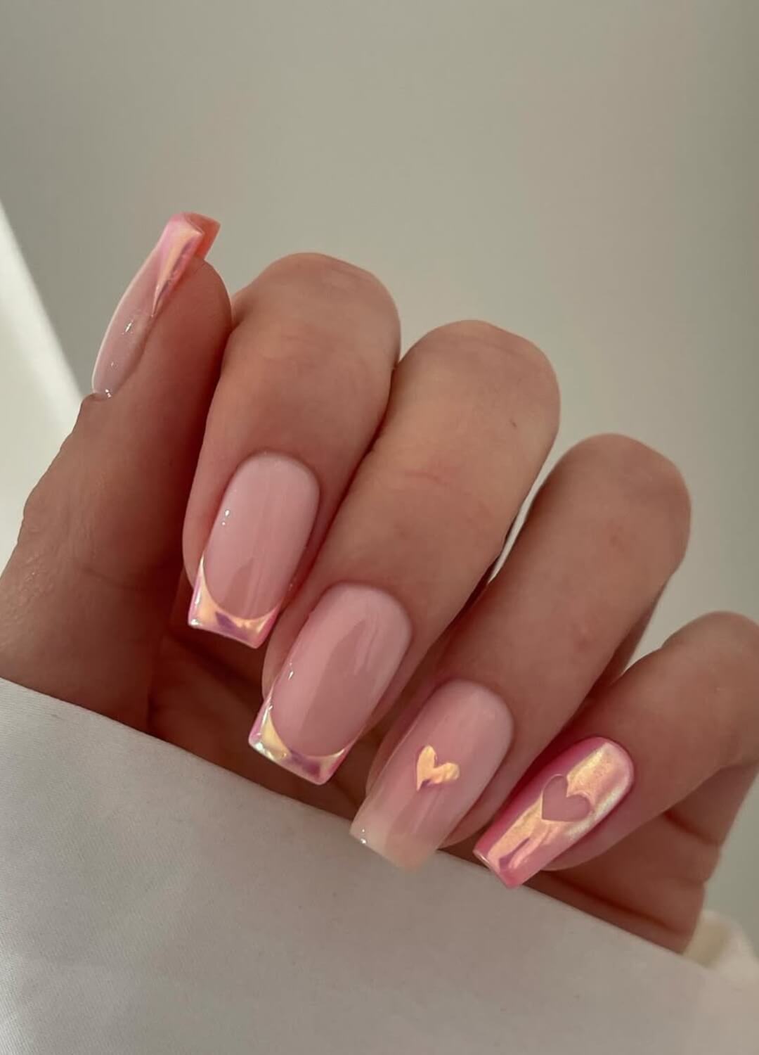 Medium Square Pale Pink with Iridescent French Tips Medium Square Pale Pink with Iridescent French Tips — Galentines Nails 2027