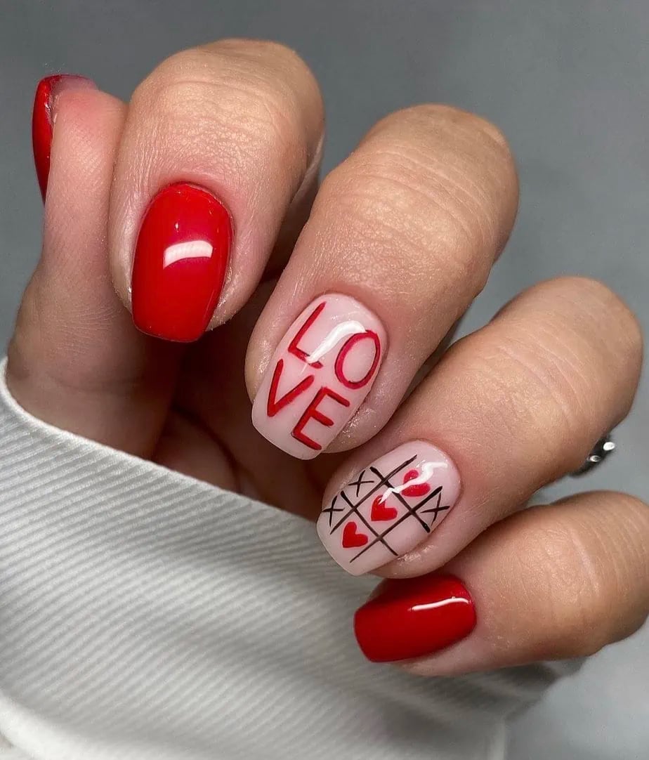 Short Square Red Glossy Nails with LOVE Text Short Square Red Glossy Nails with LOVE Text — Galentines Nails 2027