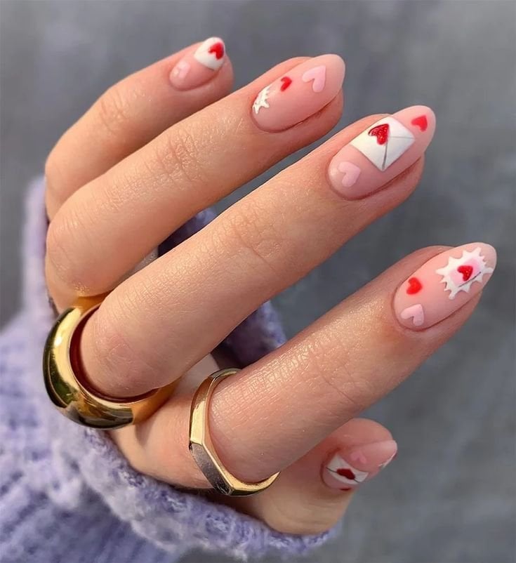 Short Oval Nude Nails with Heart and Envelope Art Short Oval Nude Nails with Heart and Envelope Art — Galentines Nails 2027