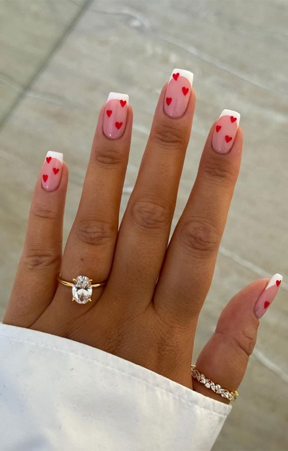 Medium Square French Manicure with Scattered Red Hearts Medium Square French Manicure with Scattered Red Hearts — Galentines Nails 2027