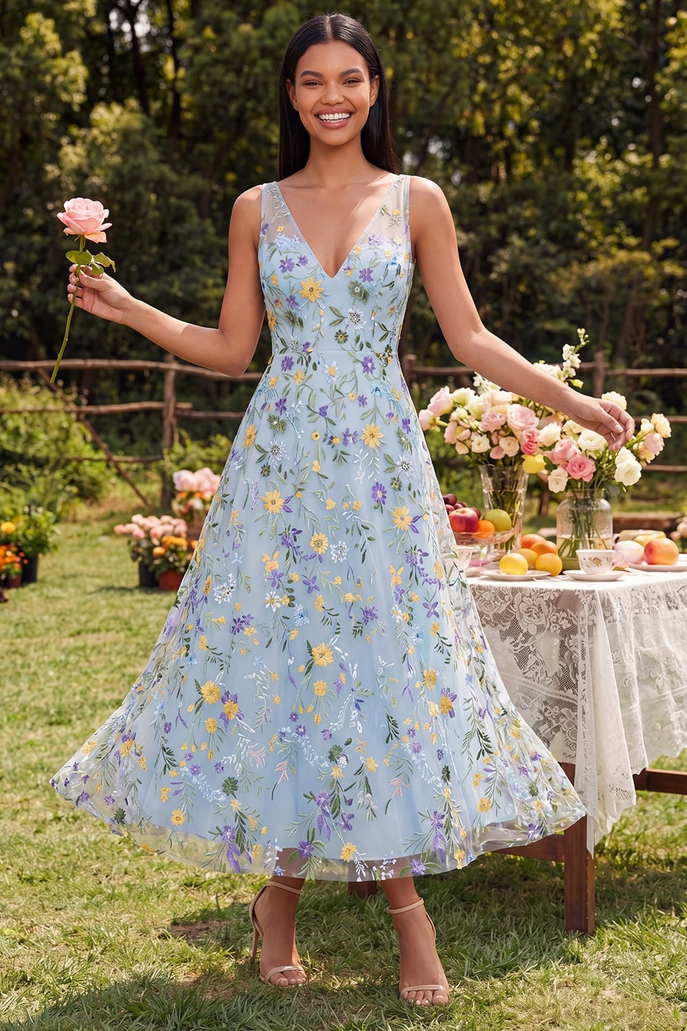 Wedtrend Women Blue Floral Wedding Guest Dress A Line V-Neck Long Party Dress, Blue Flower / US8