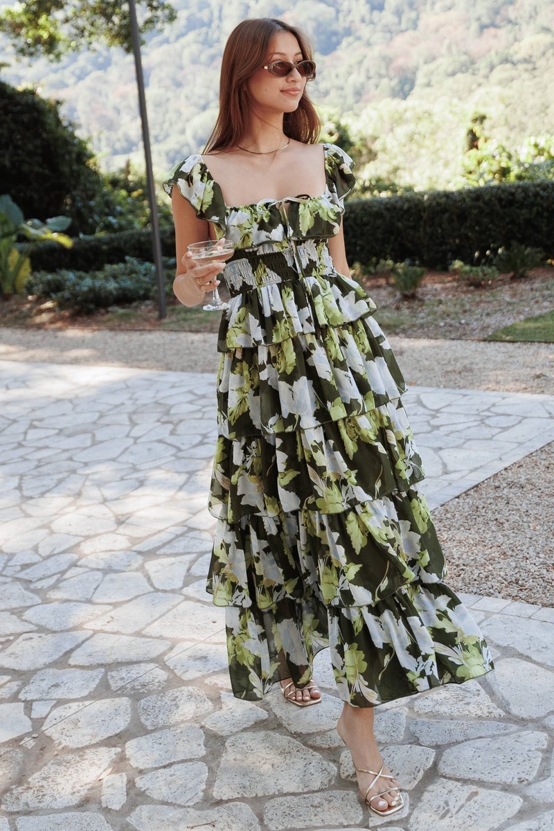 Green and white floral tiered ruffled dress Green and white floral tiered ruffled dress — Garden Party Dresses 2027