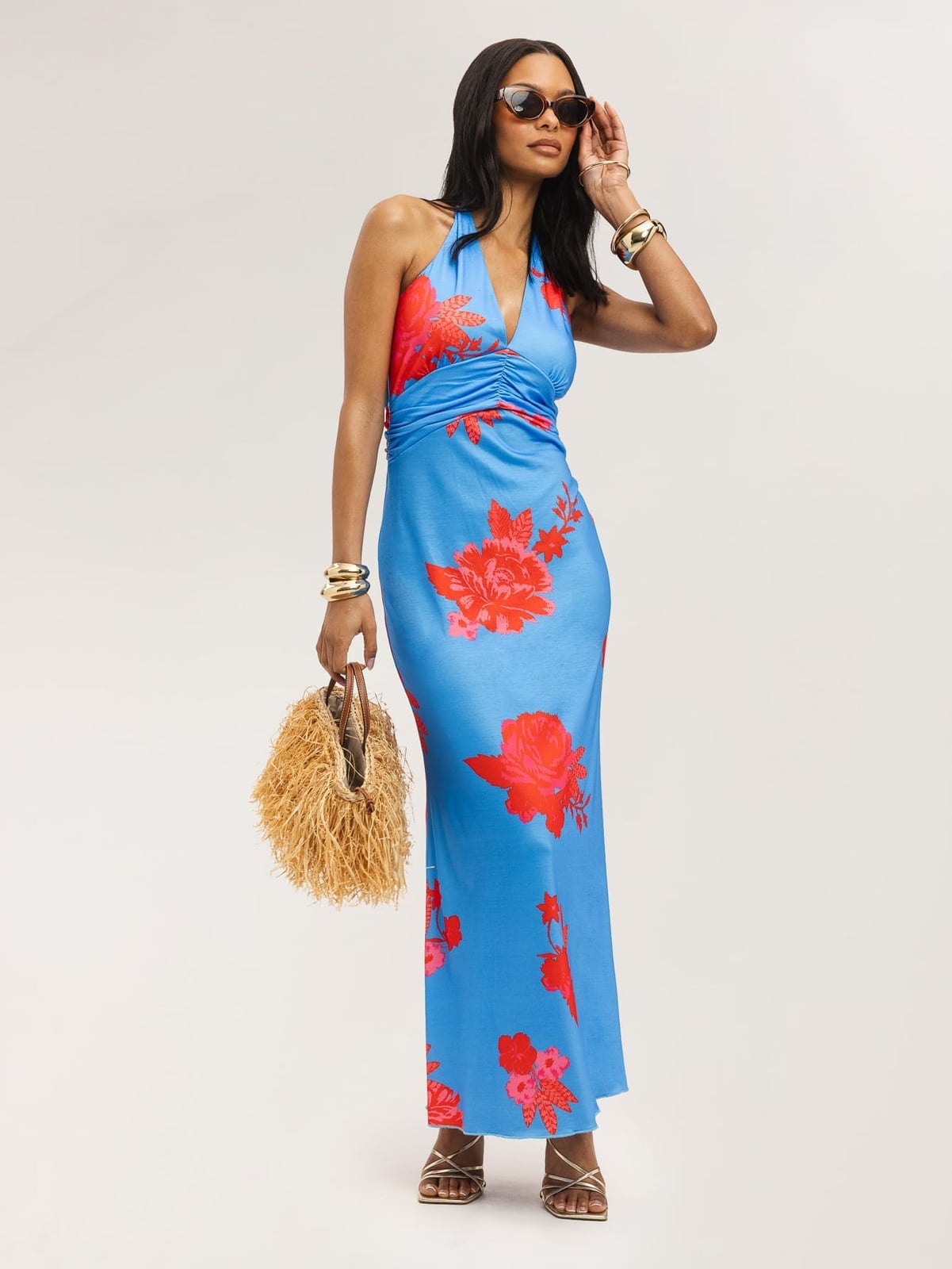Blue halter neck maxi dress with red floral print and draped bodice Blue halter neck maxi dress with red floral print and draped bodice — Garden Party Dresses 2027