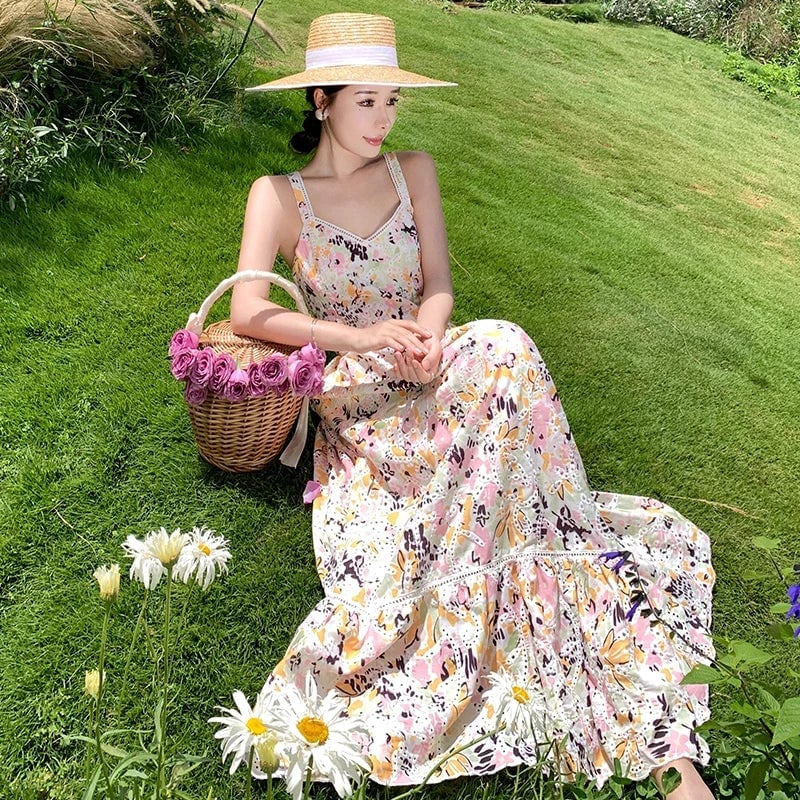 White floral maxi dress with lace trim and straw hat White floral maxi dress with lace trim and straw hat — Garden Party Dresses 2027