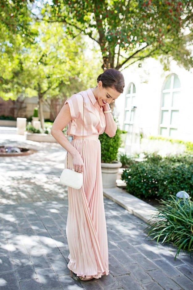 Pale pink and white striped collared shirt with pleated maxi skirt Pale pink and white striped collared shirt with pleated maxi skirt — Garden Party Dresses 2027