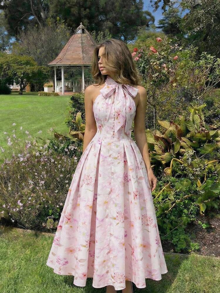 Pink floral tea-length dress with halter neckline and bow Pink floral tea-length dress with halter neckline and bow — Garden Party Dresses 2027