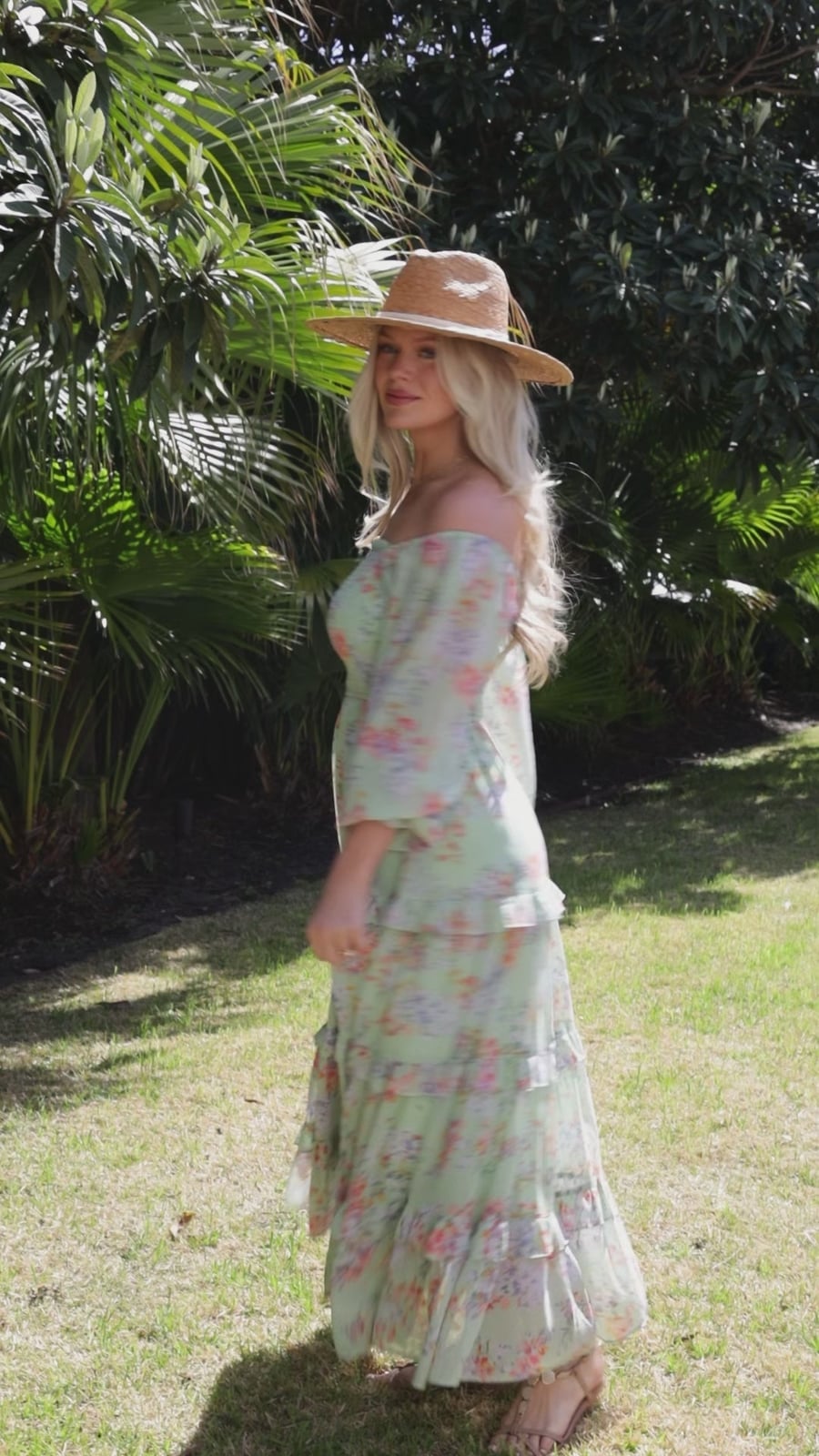Mint green floral print tiered maxi dress with off-the-shoulder Mint green floral print tiered maxi dress with off-the-shoulder — Garden Party Dresses 2027