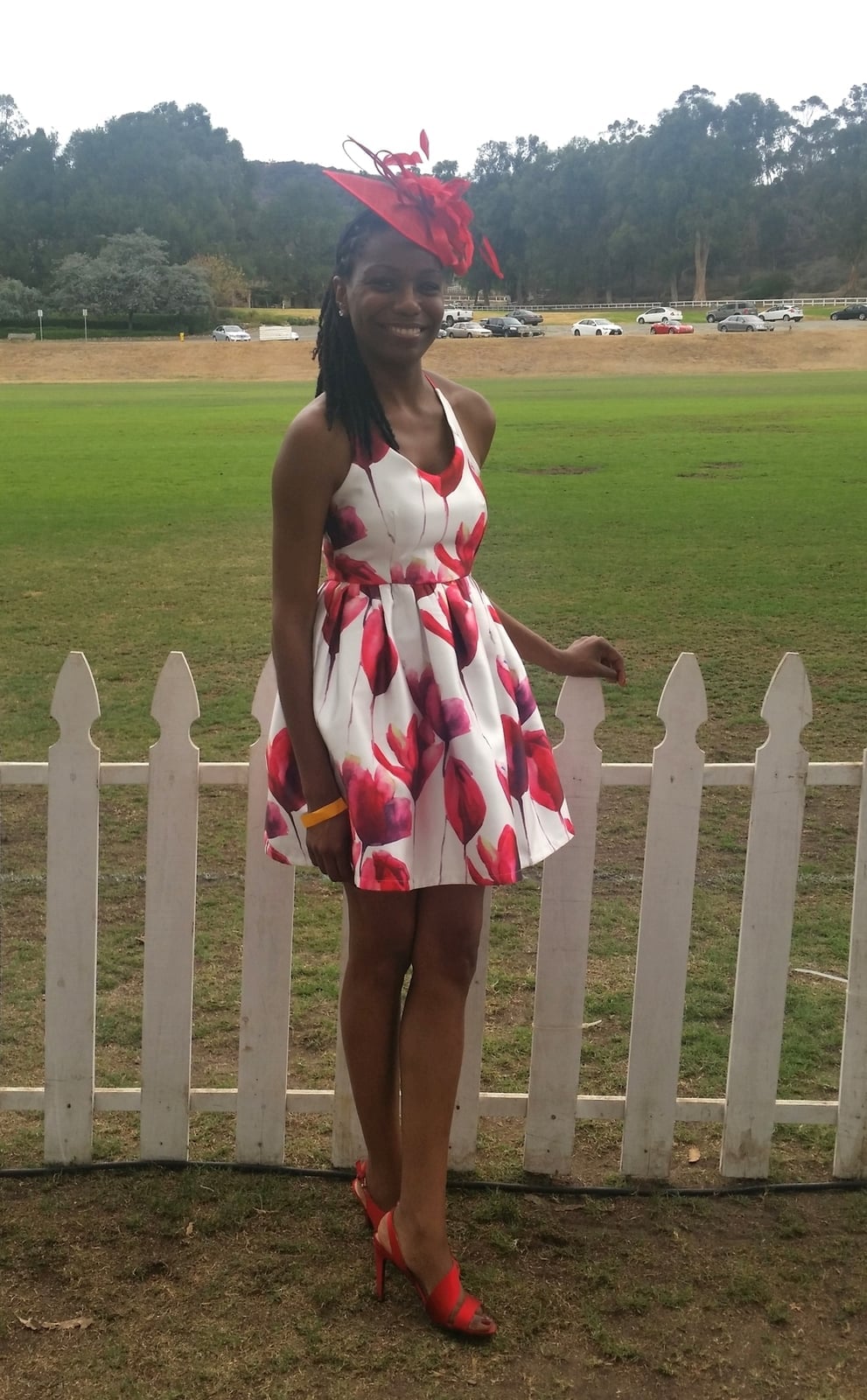 White sleeveless dress with red floral print, Close-Up Take White sleeveless dress with red floral print, Close-Up Take — Garden Party Dresses 2027