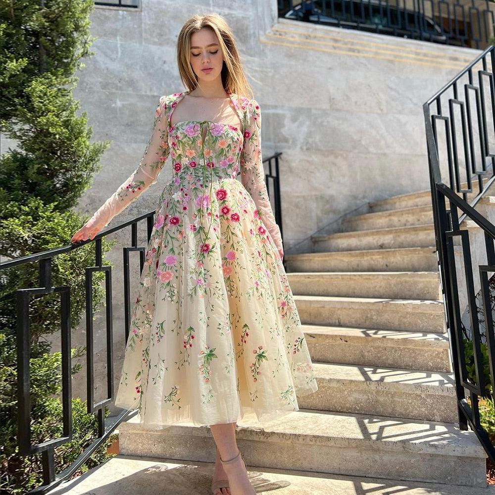 Cream midi dress with intricate floral embroidery and long sleeves Cream midi dress with intricate floral embroidery and long sleeves — Garden Party Dresses 2027