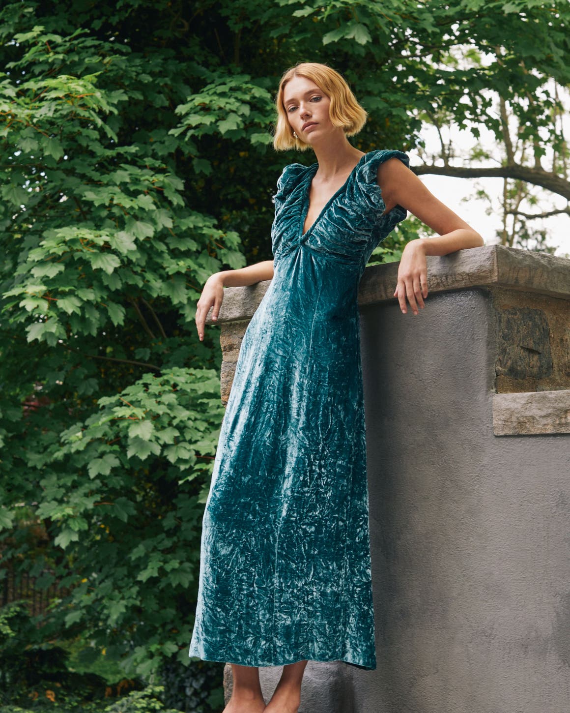 Teal crushed velvet dress with ruffled shoulder details Teal crushed velvet dress with ruffled shoulder details — Garden Party Dresses 2027