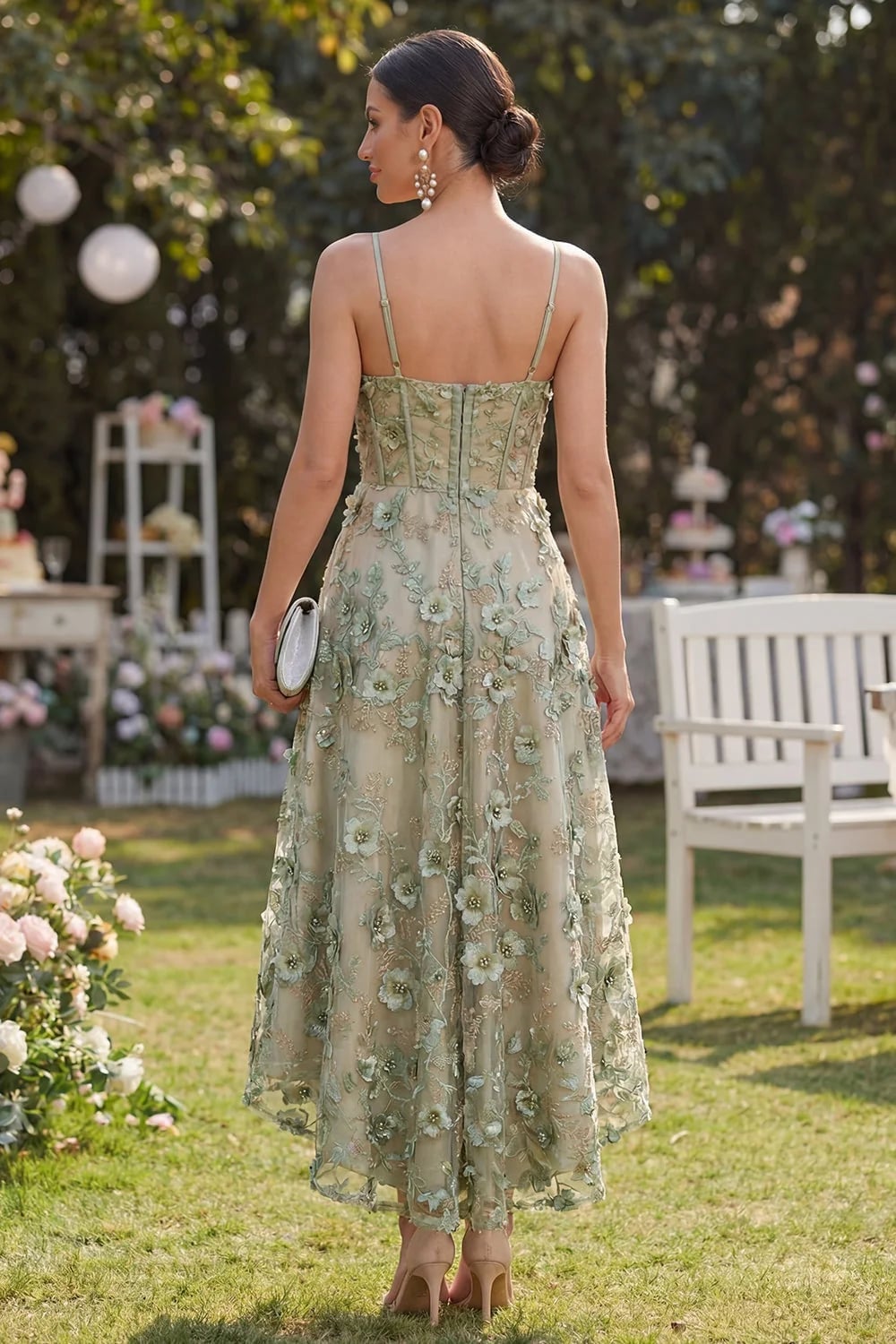 Dusty green a-line dress with high-low hem and floral applique Dusty green a-line dress with high-low hem and floral applique — Garden Party Dresses 2027