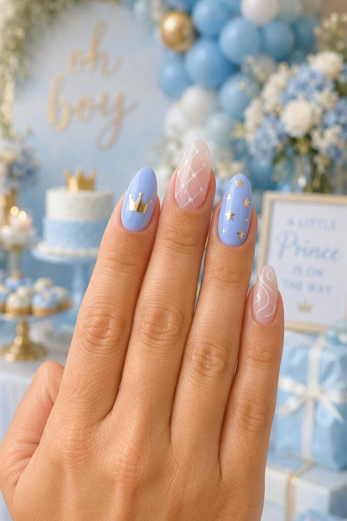 Light Blue Nails with Gold Stars and White Net — Gender Reveal Nails 2027