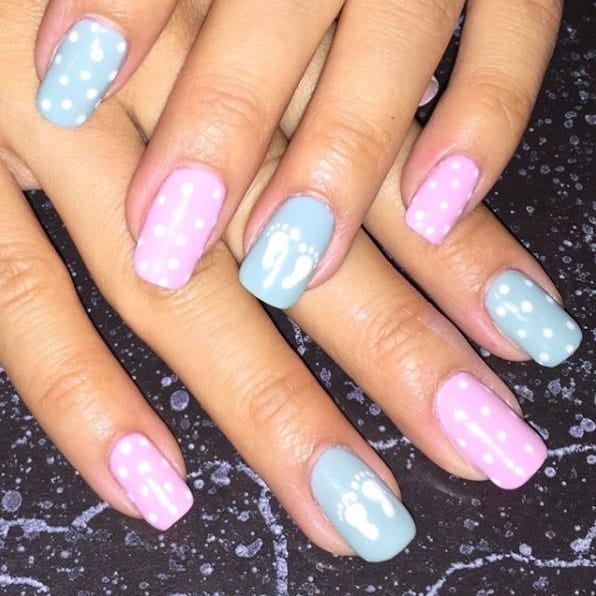 Short Square Nails with Polka Dots and Footprints — Gender Reveal Nails 2027