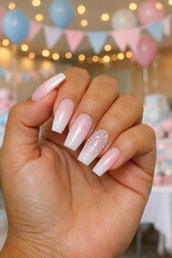 Long Coffin Nails with Pink and White Ombré and Rhinestones — Gender Reveal Nails 2027