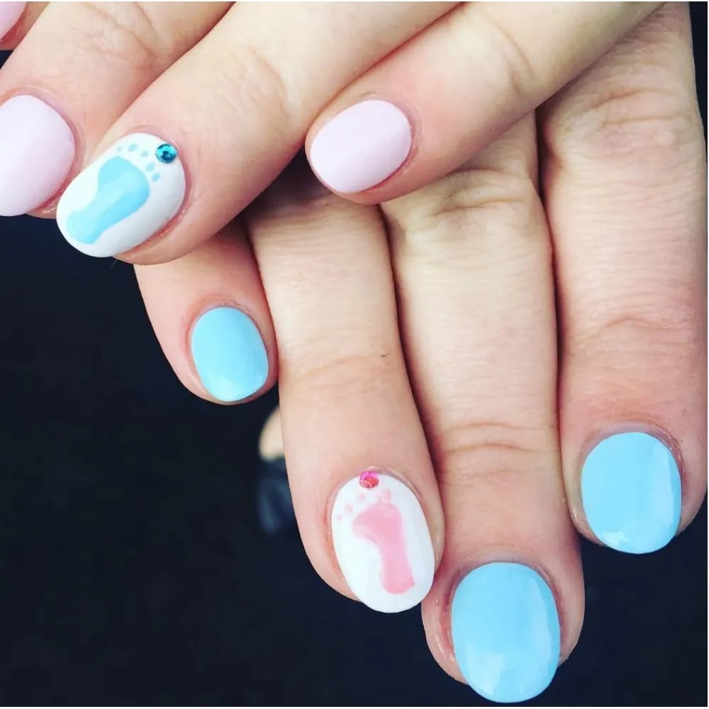 Short Oval Nails with Baby Footprints and Rhinestones — Gender Reveal Nails 2027