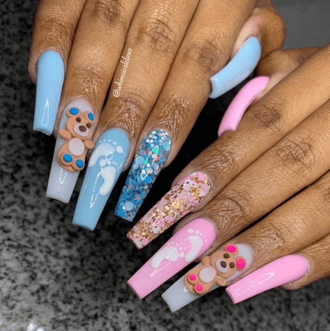 Long Coffin Nails with 3D Teddy Bears and Footprints — Gender Reveal Nails 2027