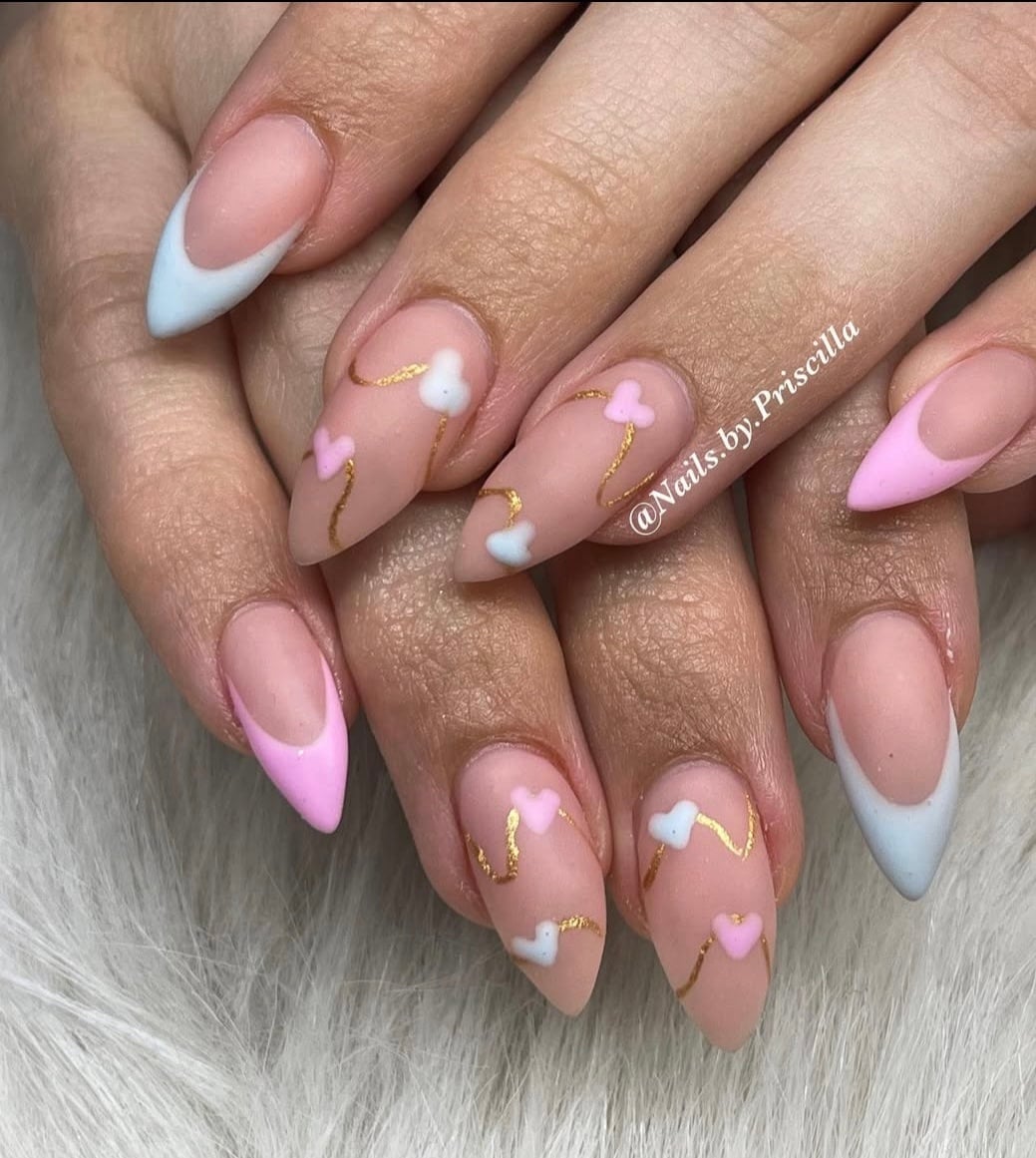 Matte Nude Almond Nails with Pastel French Tips, Close-Up Take — Gender Reveal Nails 2027