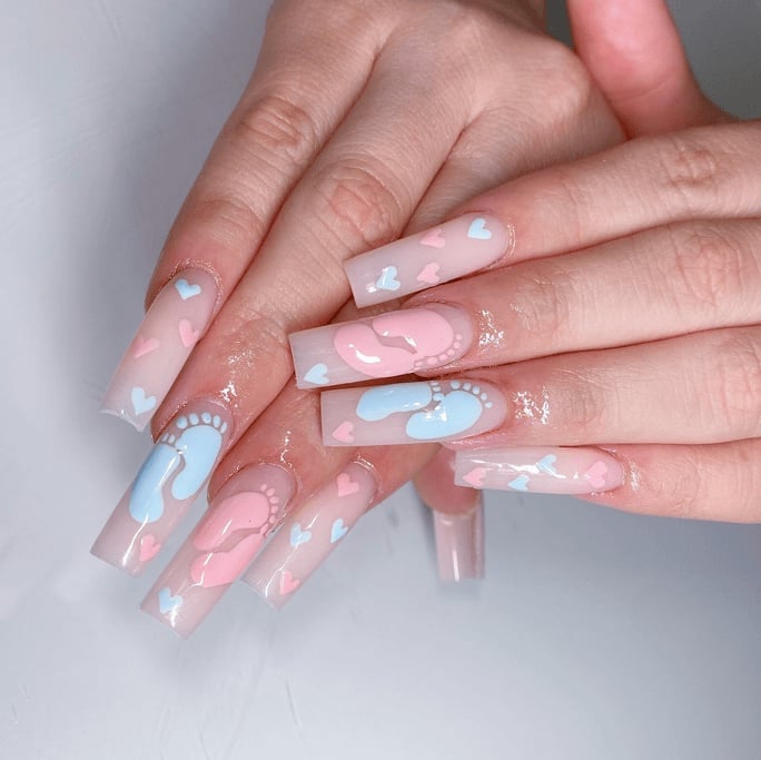 Long Square Nails with Pink Base, Footprints and Hearts — Gender Reveal Nails 2027