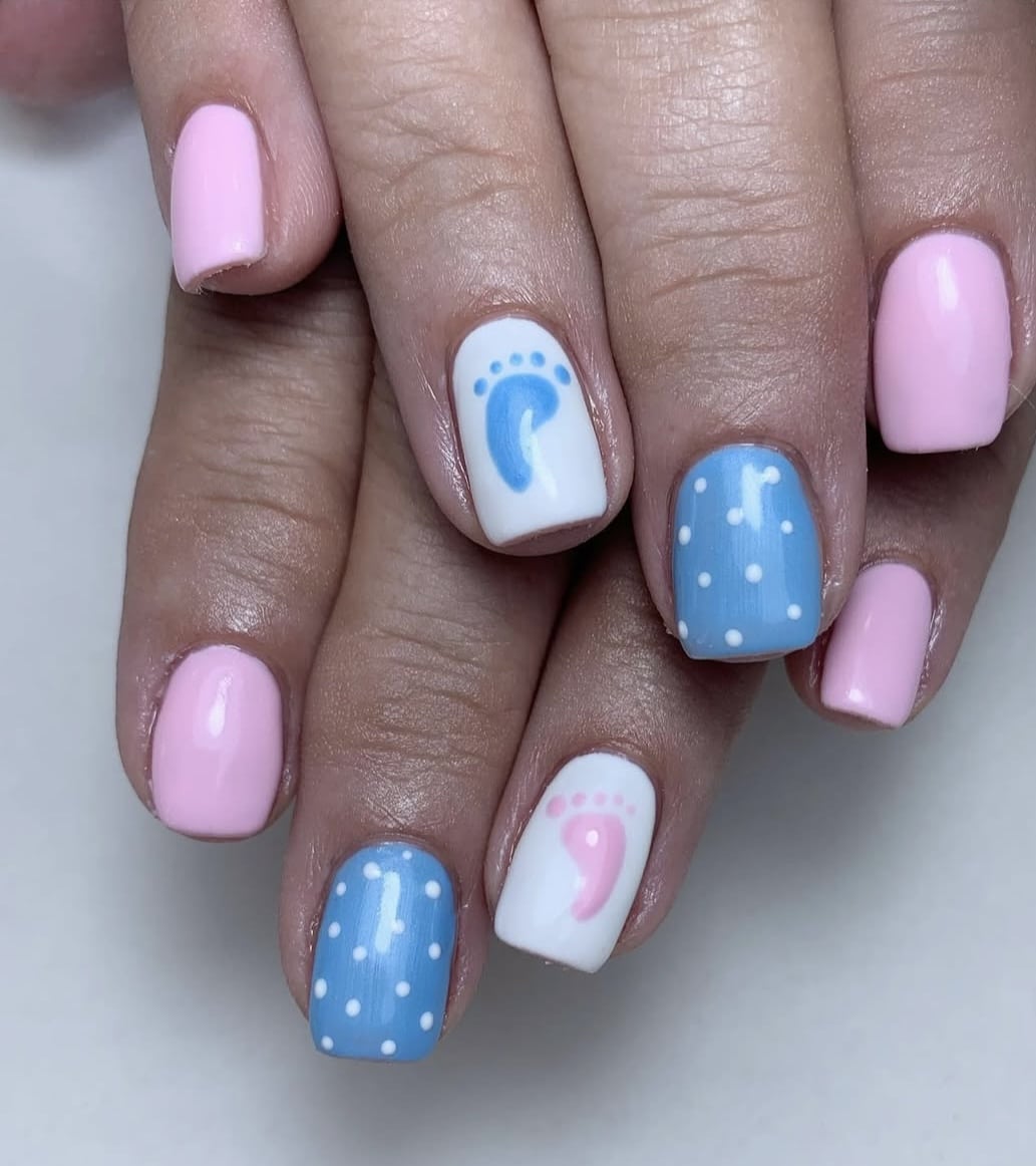 Short Square Nails with Pink, Blue Footprints and Polka Dots, Glossy — Gender Reveal Nails 2027