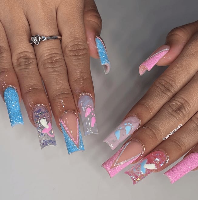 Long Square Nails with Matte Pink and Blue and Glitter — Gender Reveal Nails 2027