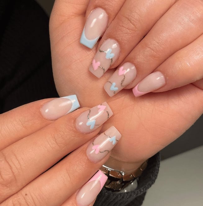 Medium Square Nails with Pink Base and Heart Accents — Gender Reveal Nails 2027