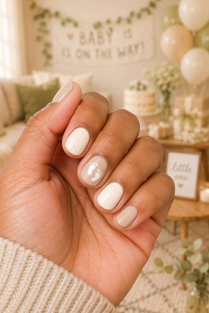 Nude and Cream Square Nails with Footprint Art — Gender Reveal Nails 2027