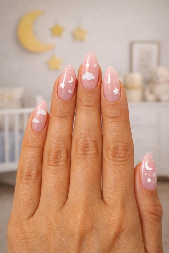 Sheer Pink Almond Nails with Celestial Motifs — Gender Reveal Nails 2027
