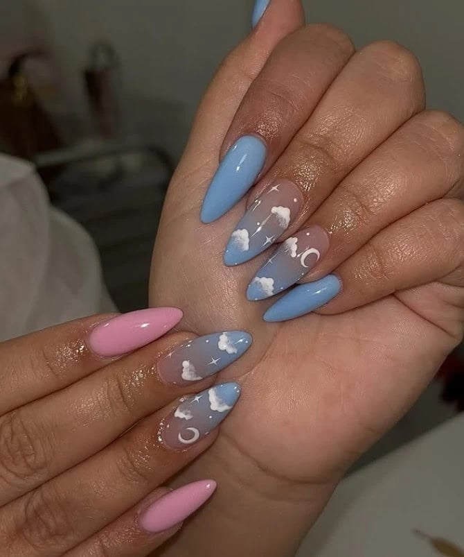 Long Stiletto Nails with Cloud and Star Accents — Gender Reveal Nails 2027