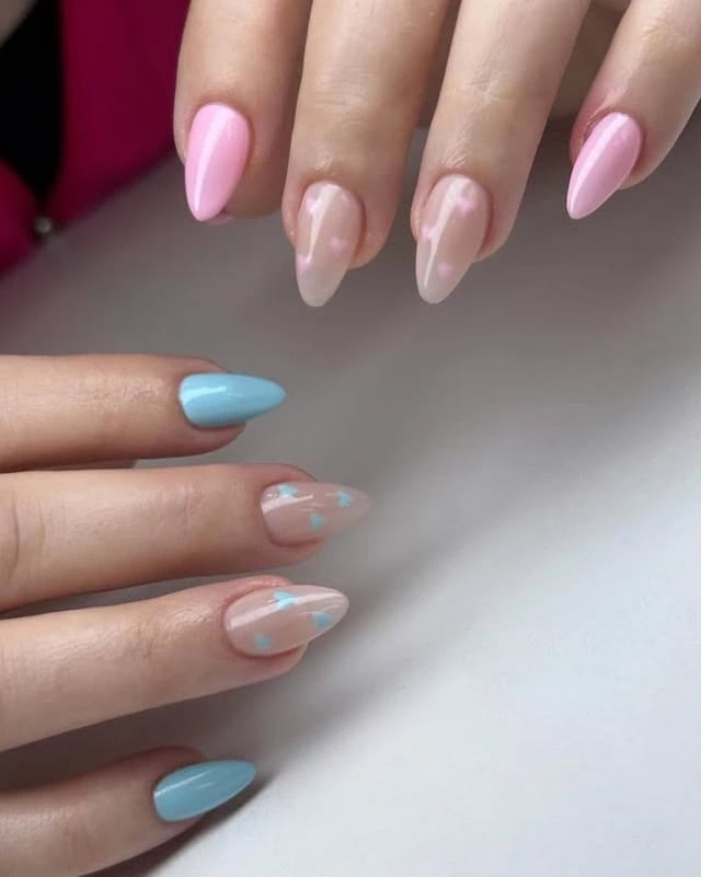 Medium Almond Nails with Tiny Stars and Hearts — Gender Reveal Nails 2027
