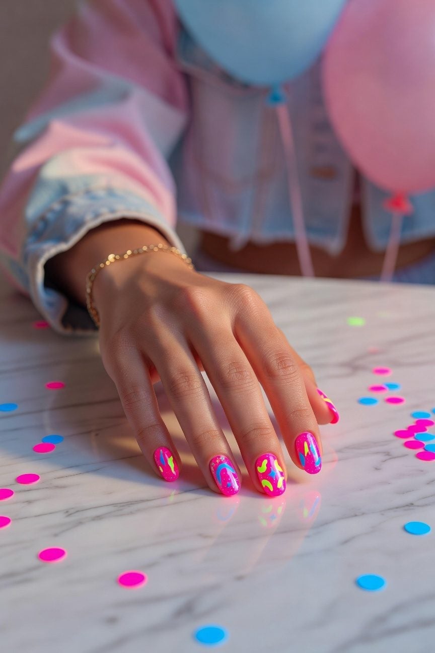 Short Oval Nails with Hot Pink and Neon Abstract Art — Gender Reveal Nails 2027