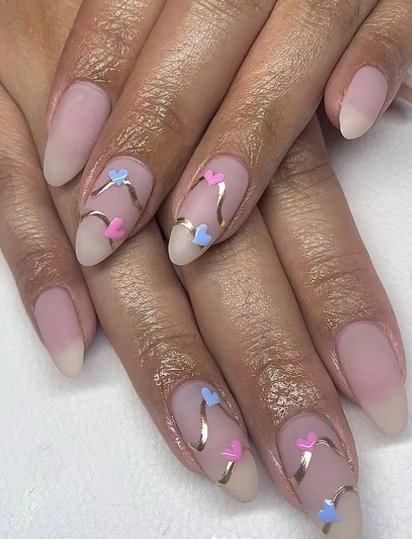 Medium Almond Nails with Gold Swirls and Hearts — Gender Reveal Nails 2027