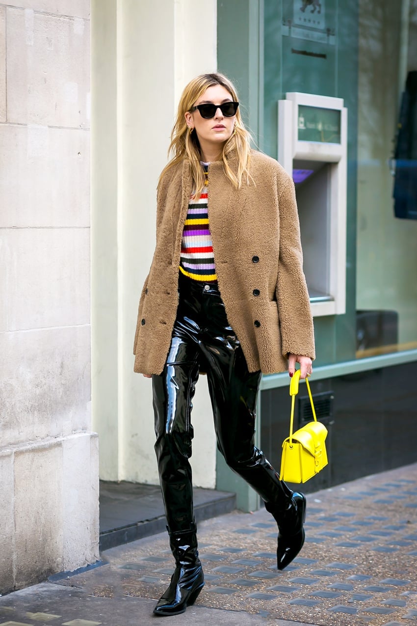 Black vinyl pants with striped sweater — Girls Night Out Outfits 2027