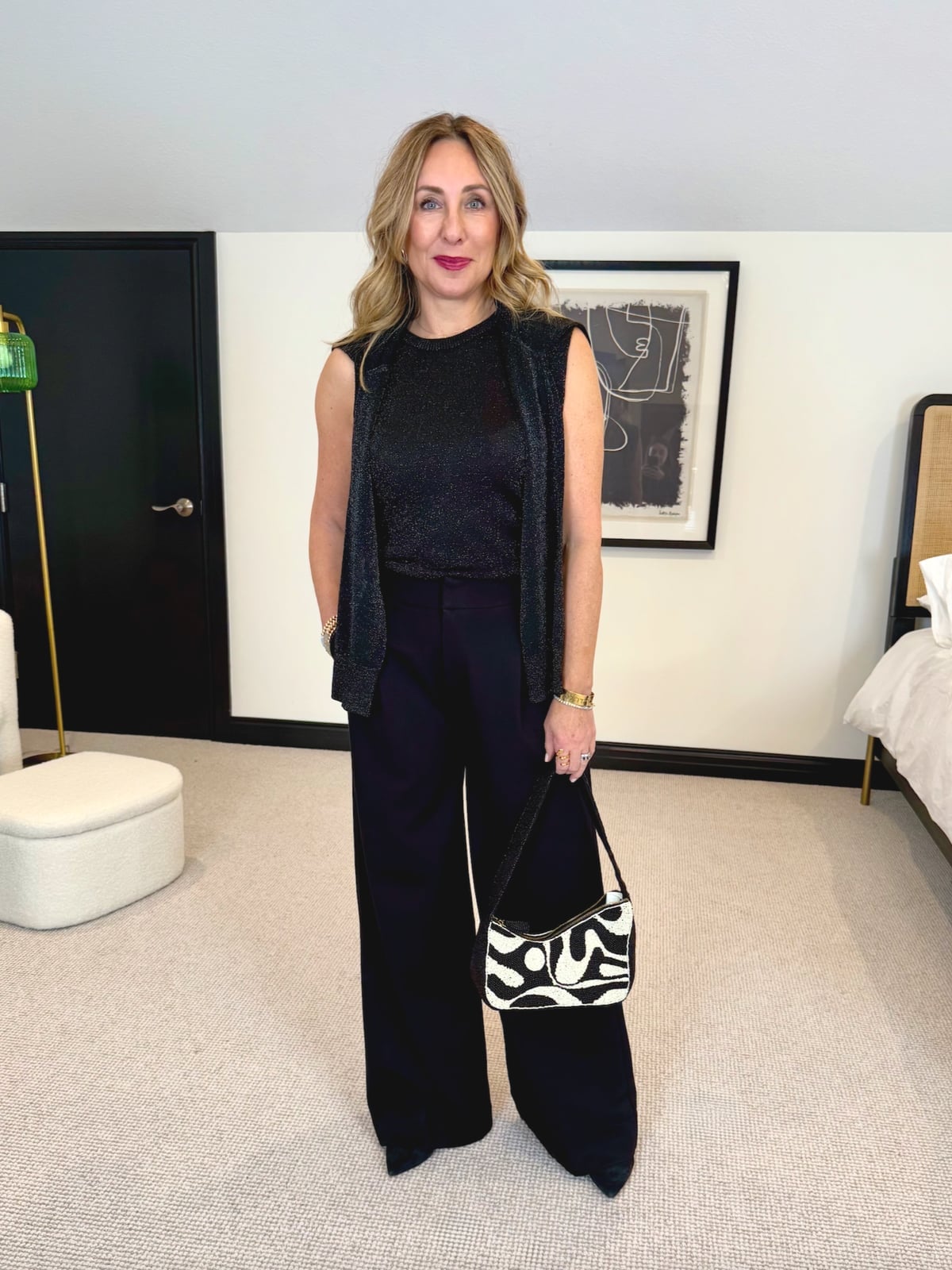 Metallic vest with wide-leg black trousers — Girls Night Out Outfits 2027