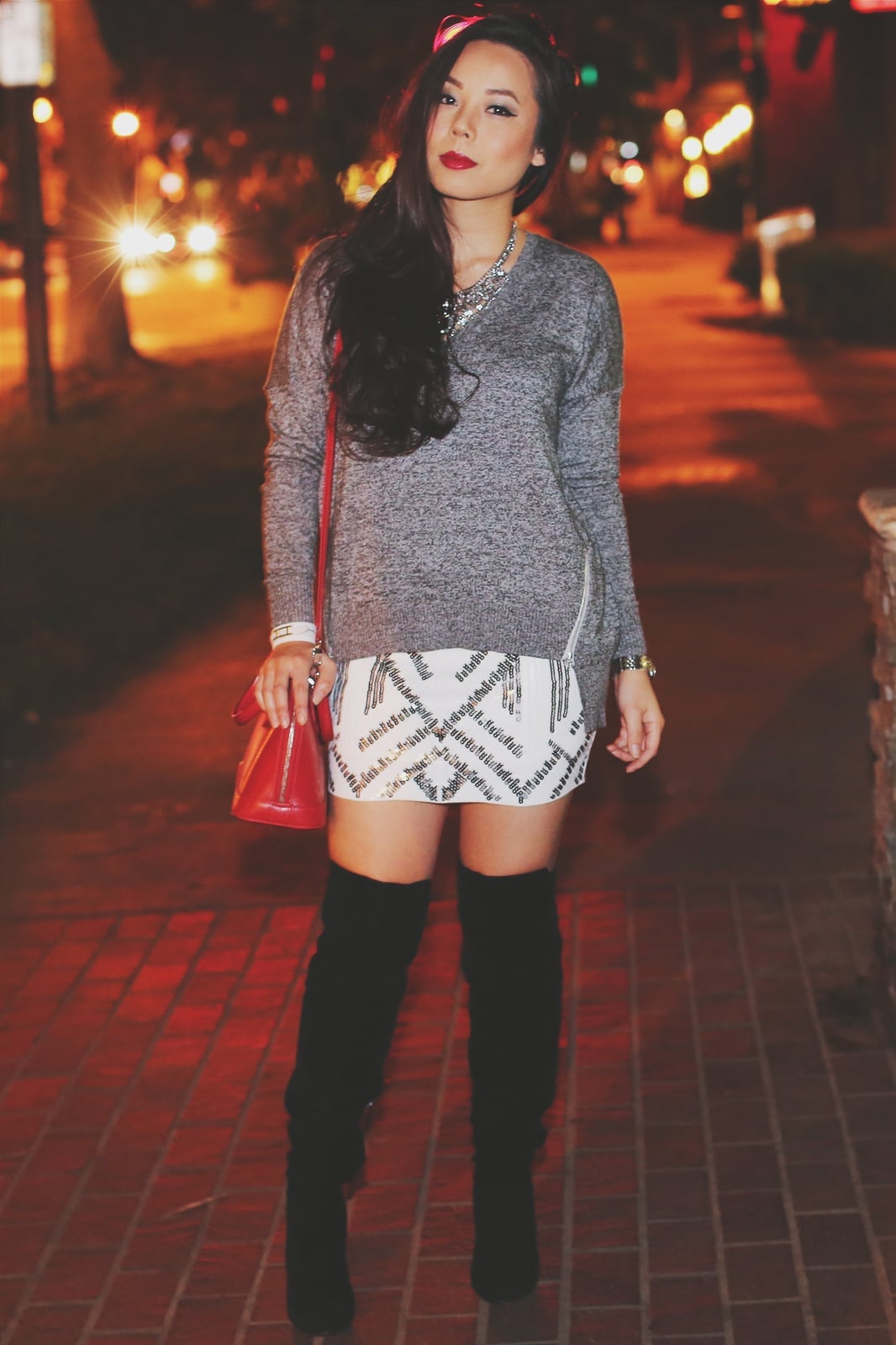 Gray sweater with sequined mini skirt — Girls Night Out Outfits 2027